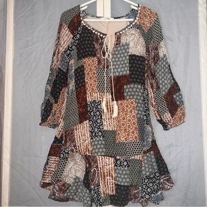 Andree by Unit Gypsy Boho Patchwork Mini Dress Cottagecore Romantic Small NWOT